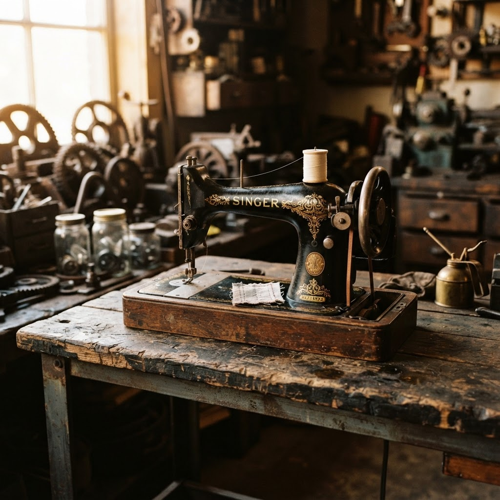 A restored vintage cast-iron sewing machine on an industrial workbench